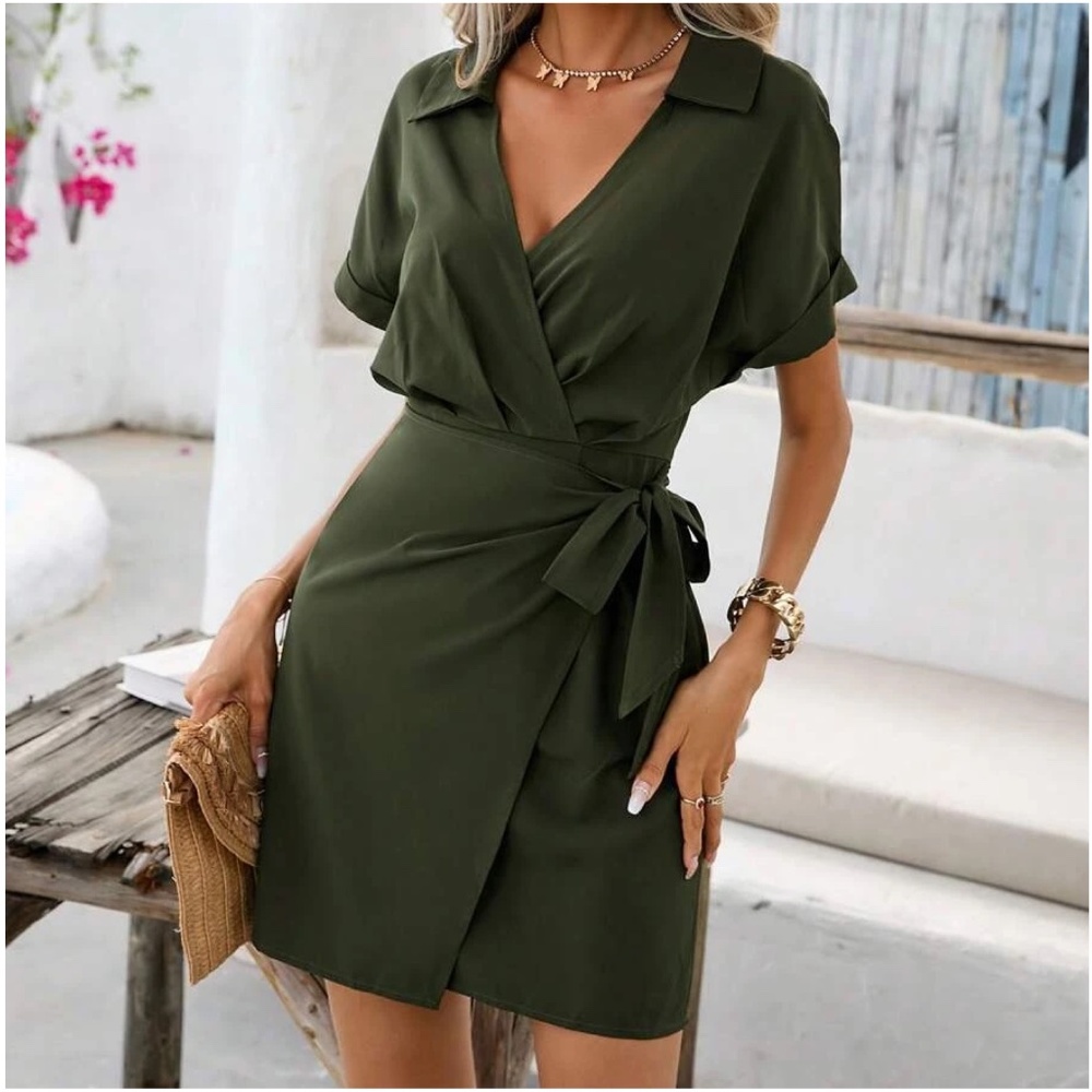 C Solid Surplice Batwing Sleeve Side Tie Dress - Picture 3 of 8